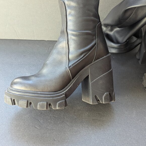 L'intervalle Platform Knee High Stretch Leather Boots Black Combat Chunky - 9 39 - Picture 4 of 12